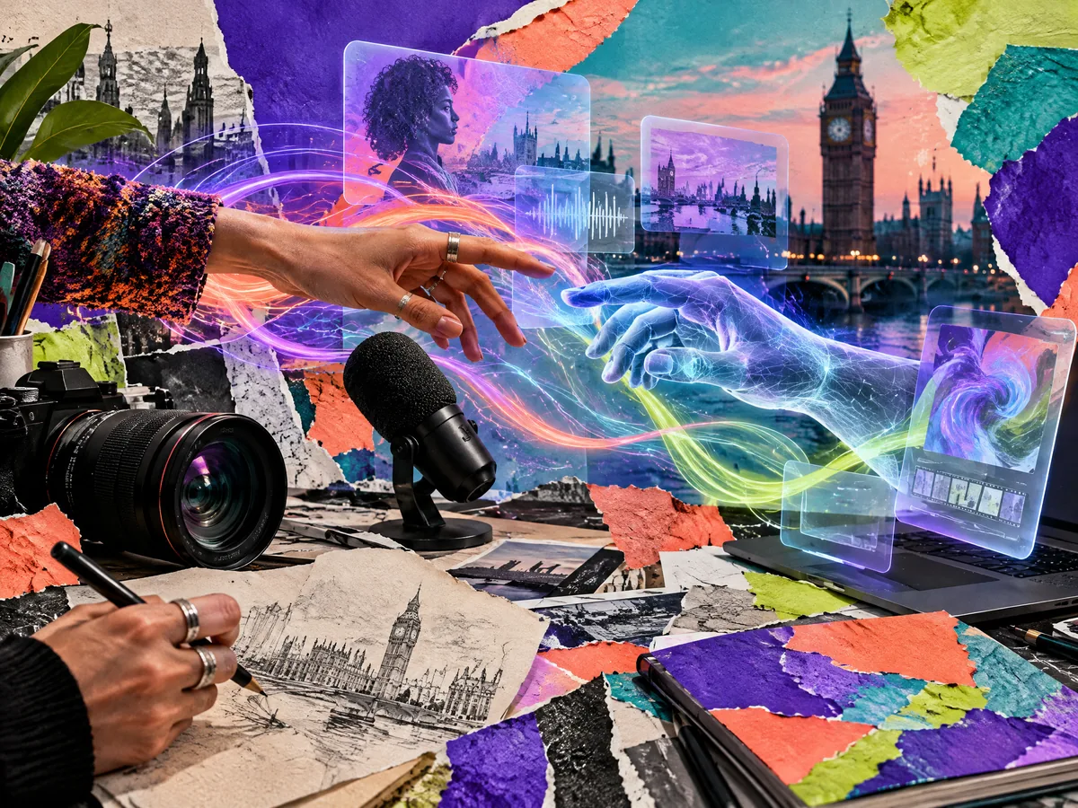 Editorial still life showing human creativity meeting responsible AI