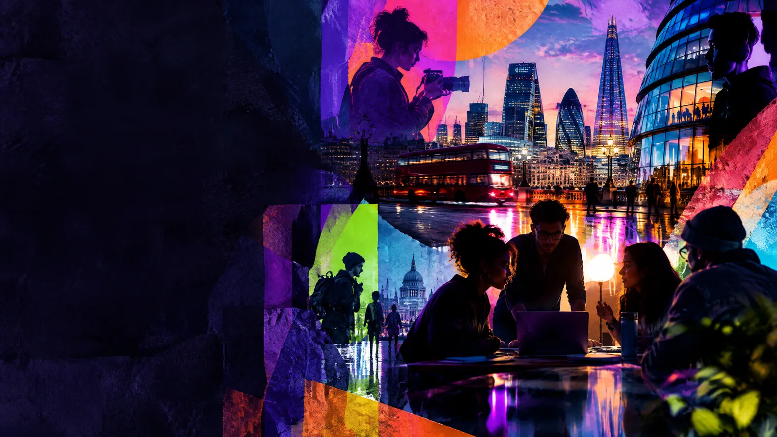Abstract London creative scene with collaborators, colour and city geometry